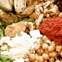 Mediteranean Bowl · Organic mixed greens, beet tahini, roasted chickpeas, roasted brussel sprouts, feta, walnuts...