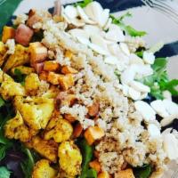 House Bowl · Organic quinoa, organic mixed greens, roasted curried cauliflower, roasted sweet potatoes, a...