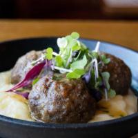 Truffle Pommes Meatball Skillet · prosciutto and beef meatball, truffle pommes puree,
fine herb gravy