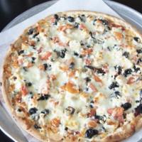 Greek Chicken Pizza · Grilled chicken, tomato, olives, and feta cheese.