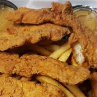 Chicken Tenders With Fries · served with fries and your choice of sauce.
Mild, Buffalo, Honey Mustard, BBQ, Bleu Cheese, ...