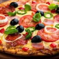 Greek Style Pizza · Feta cheese, black olives, tomatoes, onions, green pepper, and fresh garlic sauce.