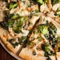 Grilled Chicken Broccoli Pizza · With garlic sauce and Mozzarella cheese.
