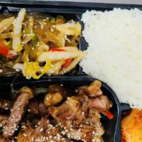 Beef Bulgogi Box Combo
 · w. steamed rice, japchae noodles and kimchi salad