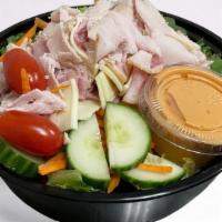 Chef Salad · green salad topped with shredded carrots, grape tomatoes, sliced cucumbers, chopped tavern h...