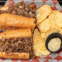 Hessian Cheesesteak · BEEF OR CHICKEN CHEESESTEAK WITH SWISS CHEESE, FRIED ONION, FRIED GREEN PEPPERS AND FRIED MU...