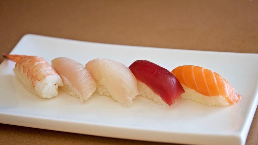 Nigiri Appetizer (5 Pcs) · Assorted filets of raw fish on rice balls.