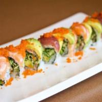Rainbow Maki · Avocado, cucumber and spicy mayo topped with layer of assorted fish and avocado, tobiko.