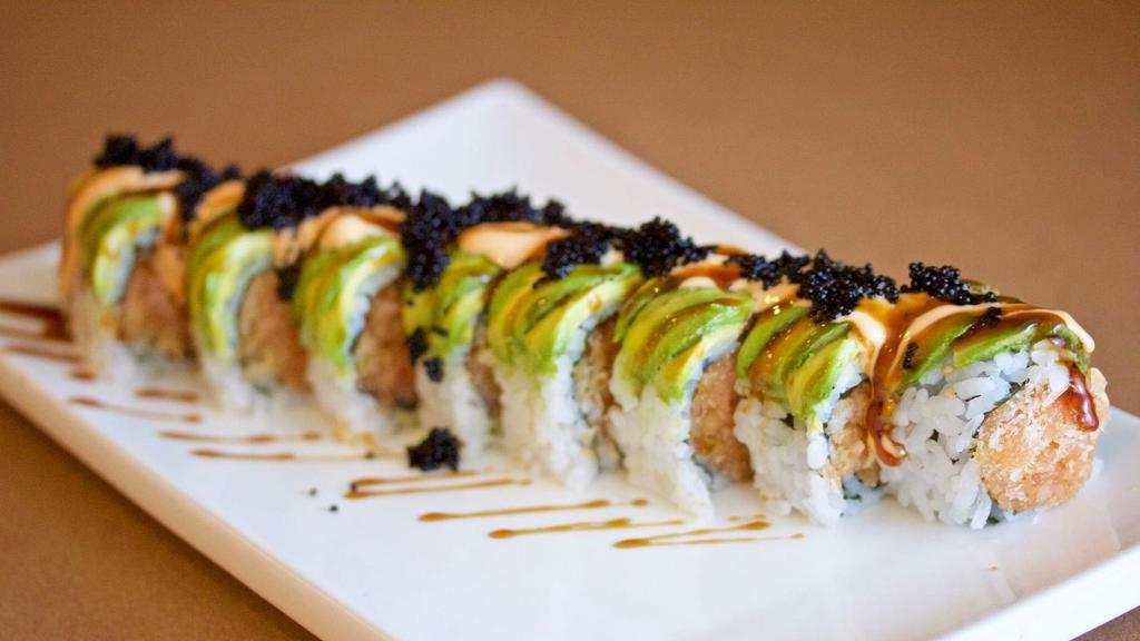 Black Caterpillar Maki · Spicy tuna topped with layer of avocado, spicy mayo, eel sauce and black tobiko.