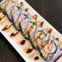 Dynamite Roll · Avocado, deep fried salmon, crab meat,  cream cheese ,eel sauce ,spicy mayo