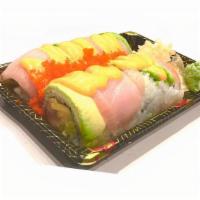 Fusion Roll · Salmon, mango and cucumber inside, yellowtail and avocado on top with tobiko and spicy mango...