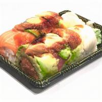 Sumo Special Roll · Crunchy spicy tuna inside, outside tuna, salmon, yellowtail, white fish topped with eel, avo...