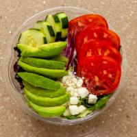 Avocado & Greens Salad · Mixed greens, avocado, cucumbers, tomatoes, red onion, feta, and balsamic vinaigrette dressi...