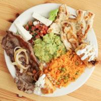Fiesta Mexicana · Grilled chicken and steak combo served w/ rice, Pico de Gallo, Guacamole, and one Hard roll