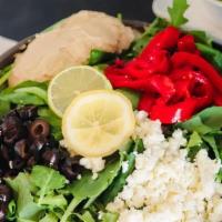 Mediterranean Salad · baby greens, hummus, roasted red pepper, black olives & feta cheese