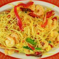 Singapore Rice Noodle · Hot & Spicy. Shrimp, roast pork, red shredded pepper, bean sprout in curry sauce.