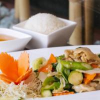Stir Fry Chicken W/ Vegetables · (Ga Xao Rau Cai) Chicken with vegetables. Served with rice on the side.
