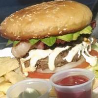 Mexican Burger · Fresh made beef meat with avocado, onion, lettuce, tomato, jalapeño pepper, bacon , cheese a...