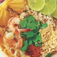 Thai Yum Yum Noodle Soup  · Shrimp and minced chicken with egg noodle, cilantro, scallion, bean sprout, crushed peanut, ...
