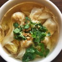 Wonton Soup · Minced shrimp and chicken wrapped in wonton skin served in clear broth soup with spring onio...