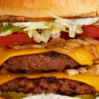 - 3) Dbl Cheeseburger · 2x Beyond Burger patties w/american cheese, caramelized onions, shredded lettuce, tomato, pi...