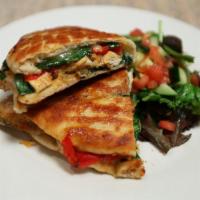 Chicken Diavlo Panini · Grilled chicken, Bacio Hot Pepper Spread, spinach, roasted peppers and provolone.