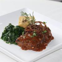Boneless Beef Short Rib · braised with honey BBQ sauce served with balsamic-grilled vegetables, creamy
cheddar grits a...