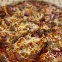 Alaskan Meat Lovers Pizza · Reindeer sausage, pepperoni, hamburger, mozzarella and marinara sauce.