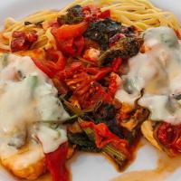 Chicken Siciliano · Chicken breast sautéed  with roasted peppers and broccoli rabe in a white wine garlic sauce,...