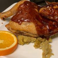 Broiled Half Spring Chicken · With stuffing and gravy. includes one vegetable.
