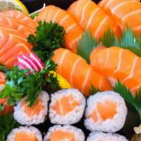Salmon Plate · Five sashimi, five pieces nigiri, salmon roll.
