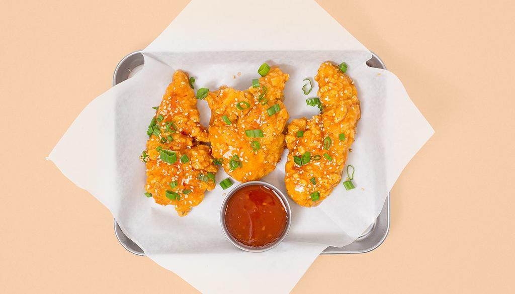General Tso'S Tenders · Three crispy fried chicken tenders smothered in our tangy General Tso's sauce with sesame seeds and scallions and your choice of dipping sauce