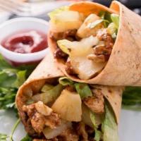 Hawaiian Bbq Chicken Wrap · Skinless chicken breast, BBQ sauce, onion, pineapple, Romaine lettuce, and cooper cheese.
