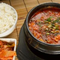 Tofu Stew Soup (Soondubu) · Mildly spicy. Traditional Korean tofu stew with silken tofu, egg, chili paste, and assorted ...