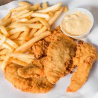 Chicken Tenders & Fries · Served with choice of BBQ or Honey Mustard dipping sauce.