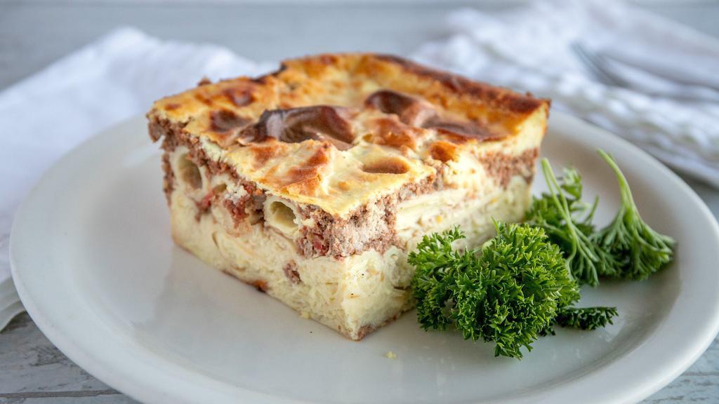 Pastitsio · Pasta, meat filling topped with Béchamel, Great for kids and grownups