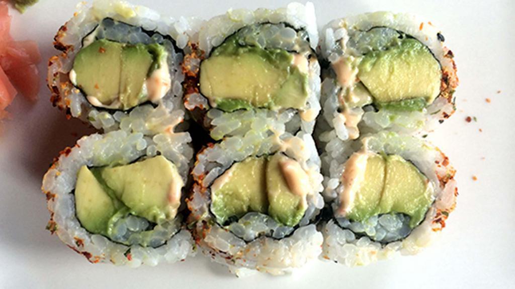 Spicy Avocado Roll · Avocado roll with spicy mayo and sprinkled with togarashi peppers.