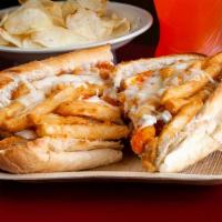 Fat Chicken Sub · Chicken fingers, mozzarella sticks, fries and marinara sauce topped with melted cheese.