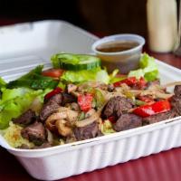 Beef Kabob Dinner · Steak tips, onions, peppers and mushrooms. Include garden salad and a choice of fries, onion...