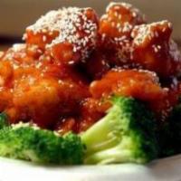General Tso'S Chicken · Hot. Hot and spicy. Tender cubes of chicken coated with water chestnut flour and toss fried ...