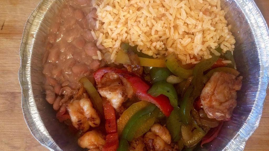 Shrimp Fajitas · Sauteed peppers and onions, meat, all served with three tortillas, pico de gallo, guacamole, sour cream, rice & black or pinto beans.