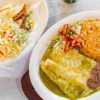 El Azteca Platter · Two crispy tacos and two cheese enchiladas with rice and beans.