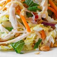 Goi (Vietnamese Salad) · Gluten-free. Poached shrimp and chicken with shredded carrot, cabbage, fresh mint, fried sha...