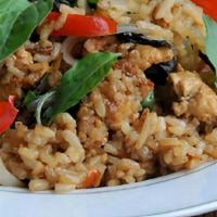 Basil Fried Rice · Spicy. Spicy fried rice in chili and garlic sauce with ground chicken, basil, onions, scalli...