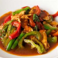 Pad Kaprow · With Thai basil, peppers, onions, and green beans.
