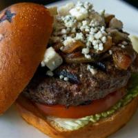 Kobe Burger · Gorgonzola, Caramelized Onions, Lettuce, Tomato, Mayo, Brioche