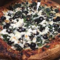 Greek Pizza · Feta, spinach and olives.