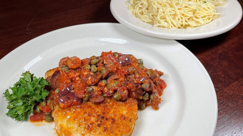 Swordfish Puttanesca  · white domestic center cut grilled with puttanesca sauce (garlic, butter, white wine, olives, capers & spicy marinara tomatoes)
Served with Angel hair with Garlic & Oil