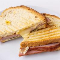 Savory Panini · turkey ham, brie, apple, spinach, honey mustard, on ciabatta bread