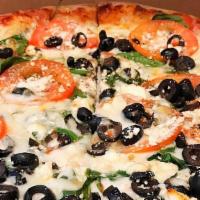 Greek Pizza · Spinach, feta cheese, olives, tomatoes and oregano.